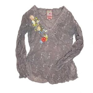 Johnny Was Embroidered Boho Blouse Gray XS Silk Lace V Neck Floral Top